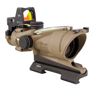 TRIJICON ACOG 4X32mm BAC ECOS FDE Green Crosshair, Backup Iron Sights, Quick Release Mount & Automatic LED 3.25 MOA RMR (5.56 BDC)